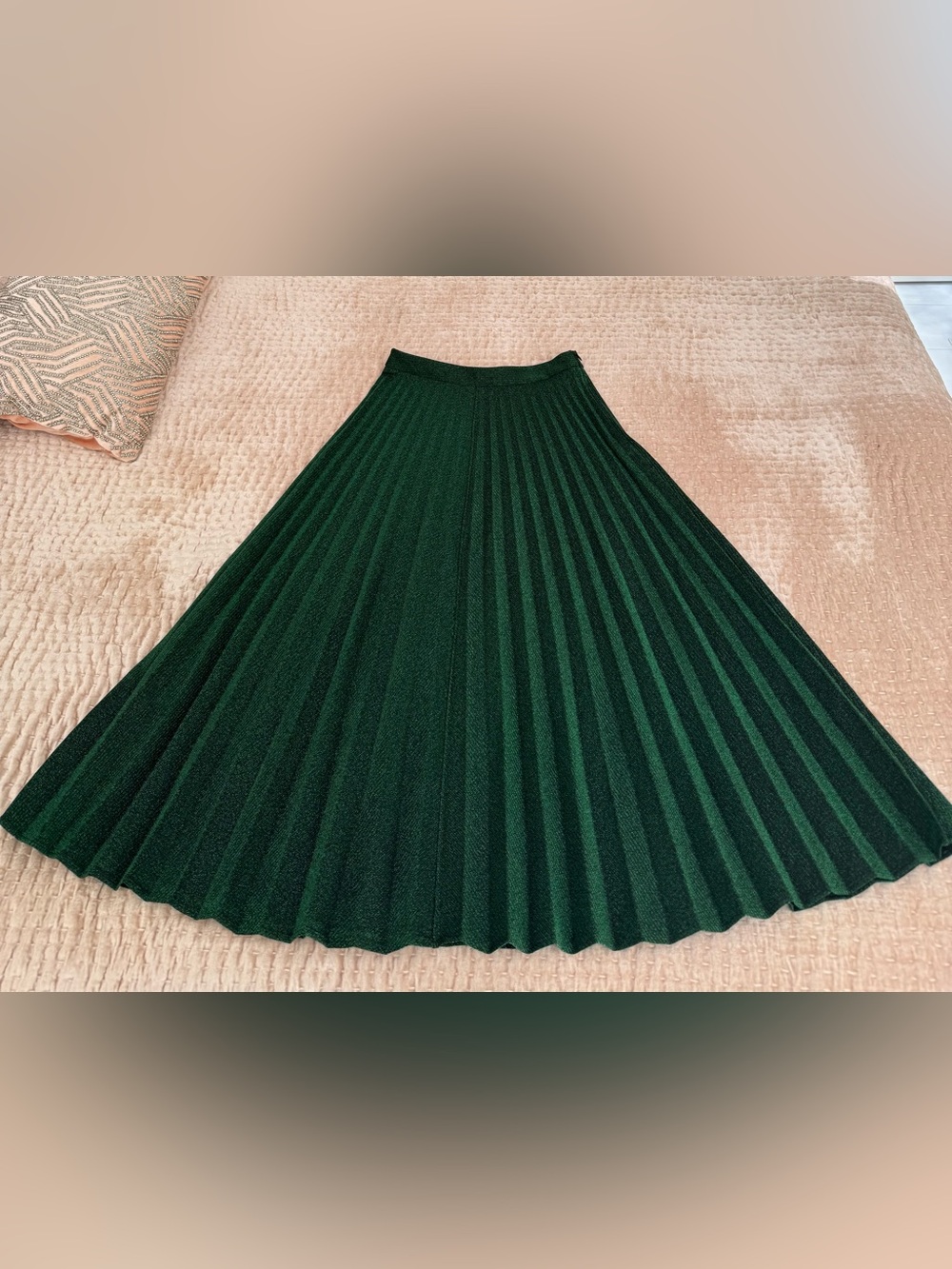 Zara Green Metallic Thread Pleated Midi Skirt - Elegant Women's A-Line